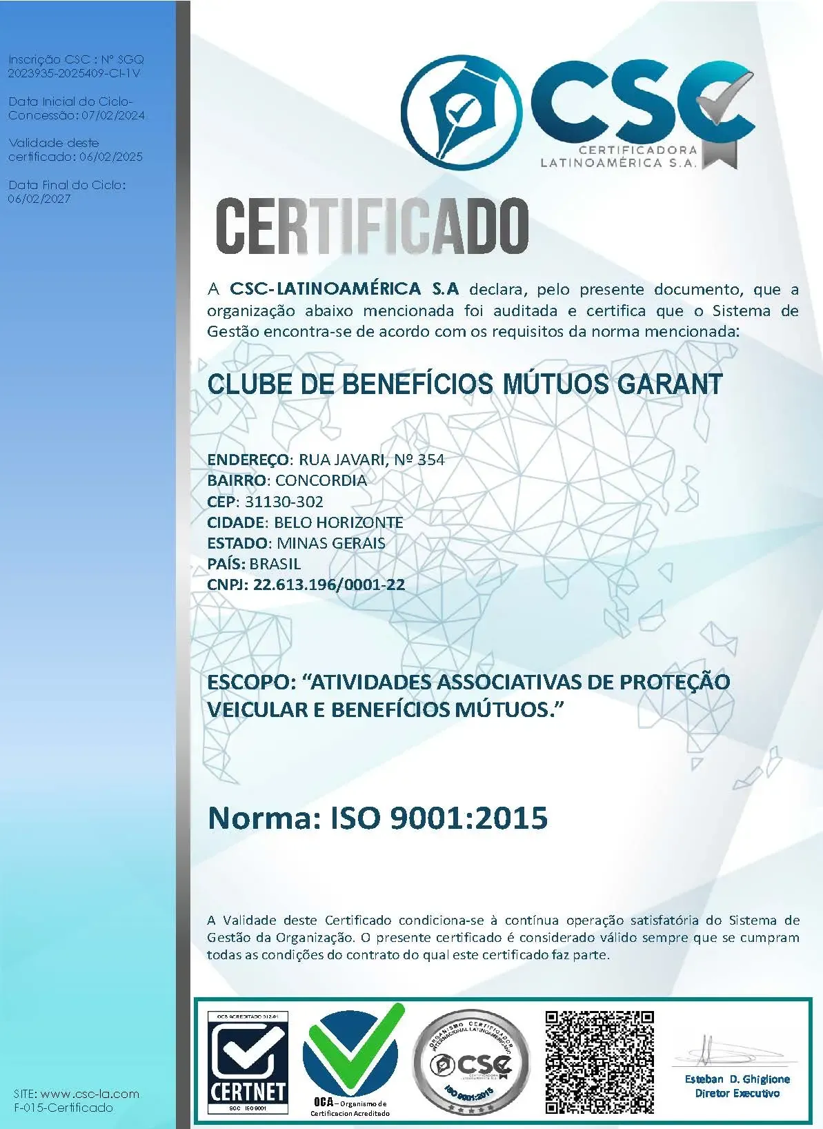 Certificado ISO 9001:2015 da Garant